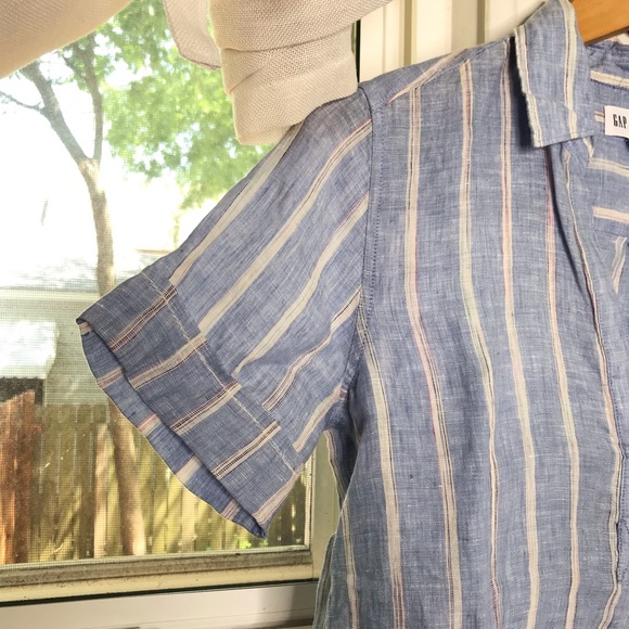 Gap 100% Linen Boyfriend Stripe Popover Blue Tunic Half Button - Picture 5 of 8